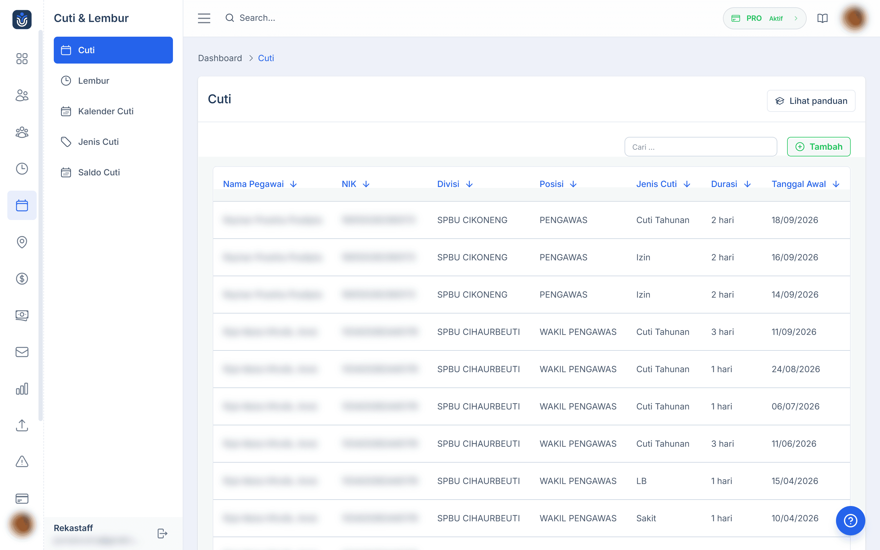Tampilan pengajuan Cuti di dashboard Rekastaff