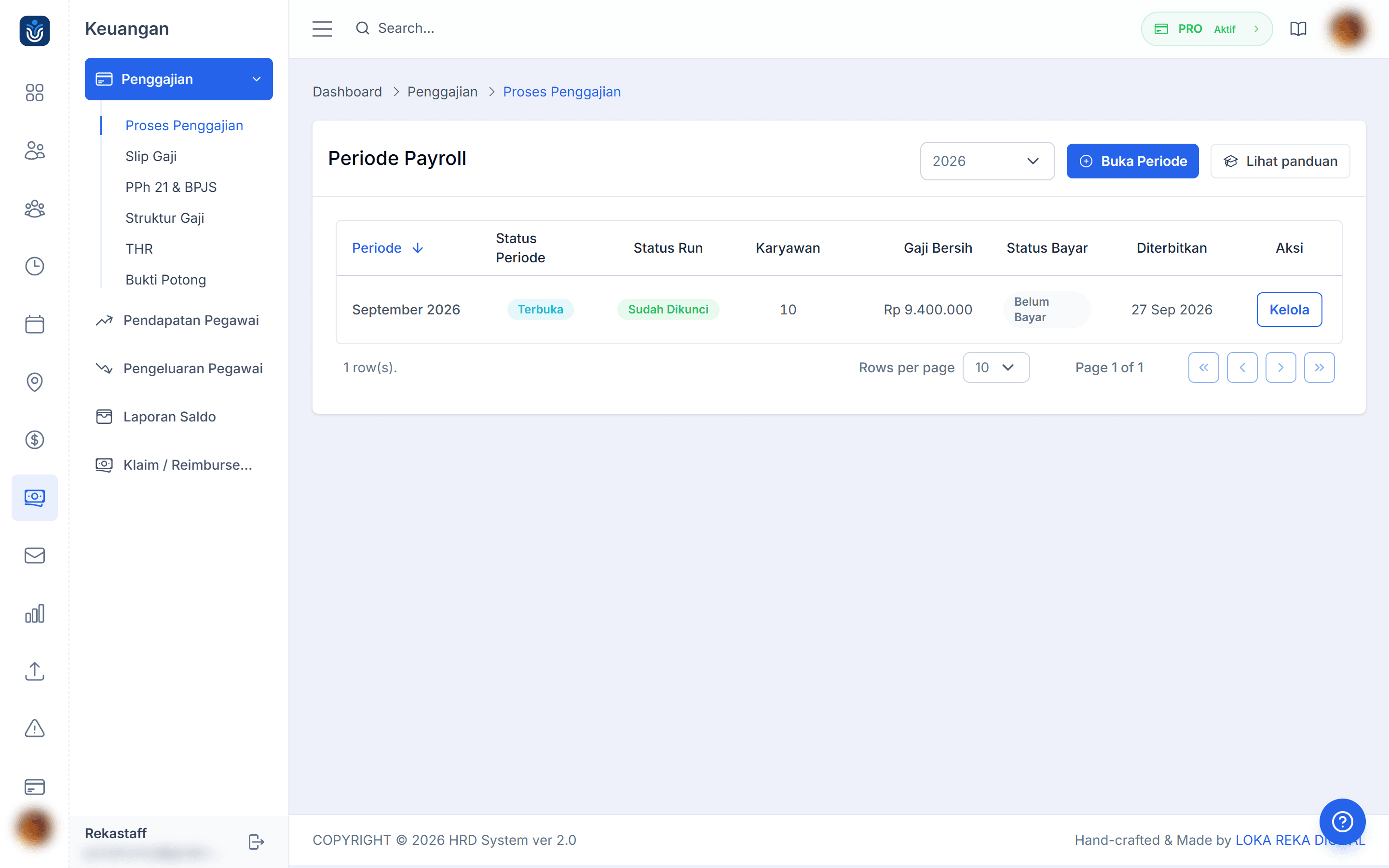 Tampilan Periode Payroll di dashboard Rekastaff